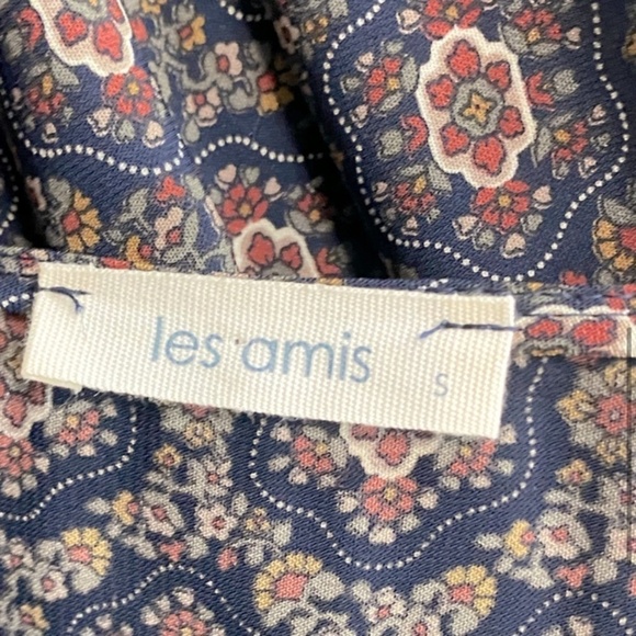 Les Amis Navy Blue Brown Cream Print Long Bell Sleeve Boho Blouse S - Picture 6 of 14